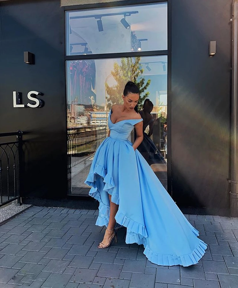 LORIE High/Low Satin Evening Dresses Long Prom Party Gowns with Lacing Packet Plus Size Custom Made 2020 Blue Celebrity Dresses