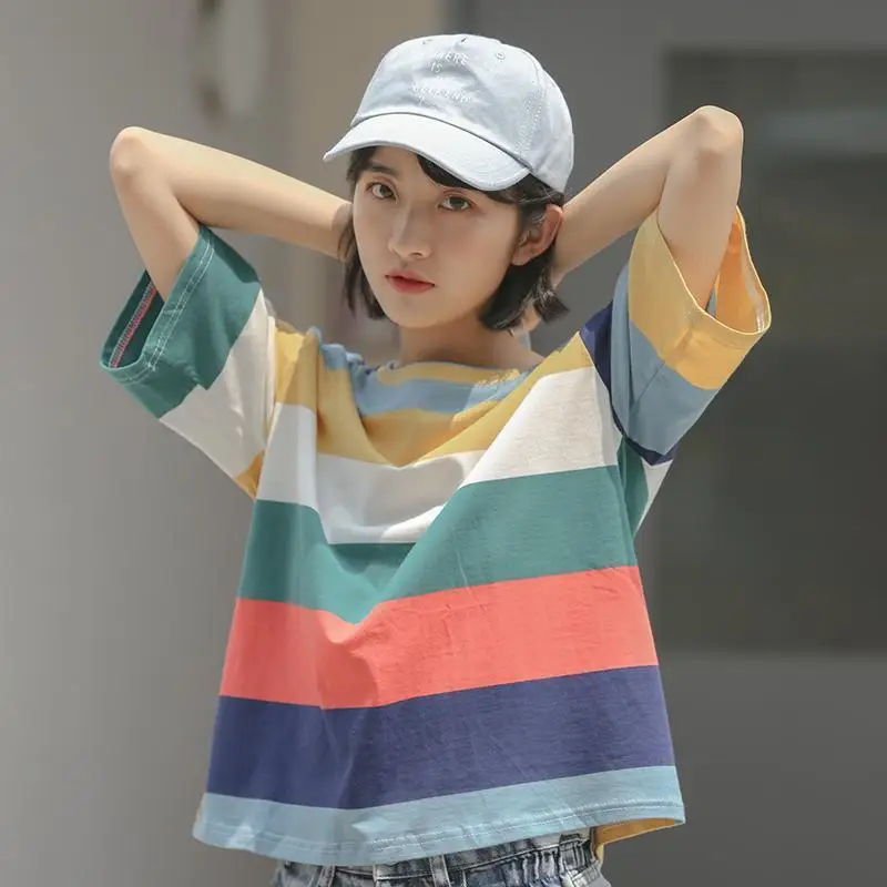 T-shirt Women's Short-sleeved Korean Loose Round Neck Summer All-match Blouse Rainbow Striped Women's T-shirt
T-shirt Women's Short-sleeved Korean Loose Round Neck Summer All-match Blouse Rainbow Striped Women's T-shirt