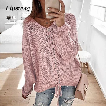Lipswag 3XL Casual Loose Lace Up Knitted Sweaters Women Autumn Winter Long Sleeve V Neck Sweater Tops Solid Color Pullover Femme
Lipswag 3XL Casual Loose Lace Up Knitted Sweaters Women Autumn Winter Long Sleeve V Neck Sweater Tops Solid Color Pullover Femme