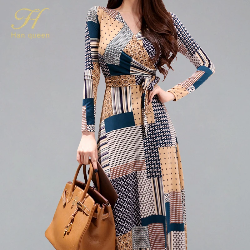 H Han Queen 2019 Autumn Elegant Print Retro Long Dress Women Geometric Contrast Color A-line Dresses Bow Lace-up Swing Vestidos
H Han Queen 2019 Autumn Elegant Print Retro Long Dress Women Geometric Contrast Color A-line Dresses Bow Lace-up Swing Vestidos