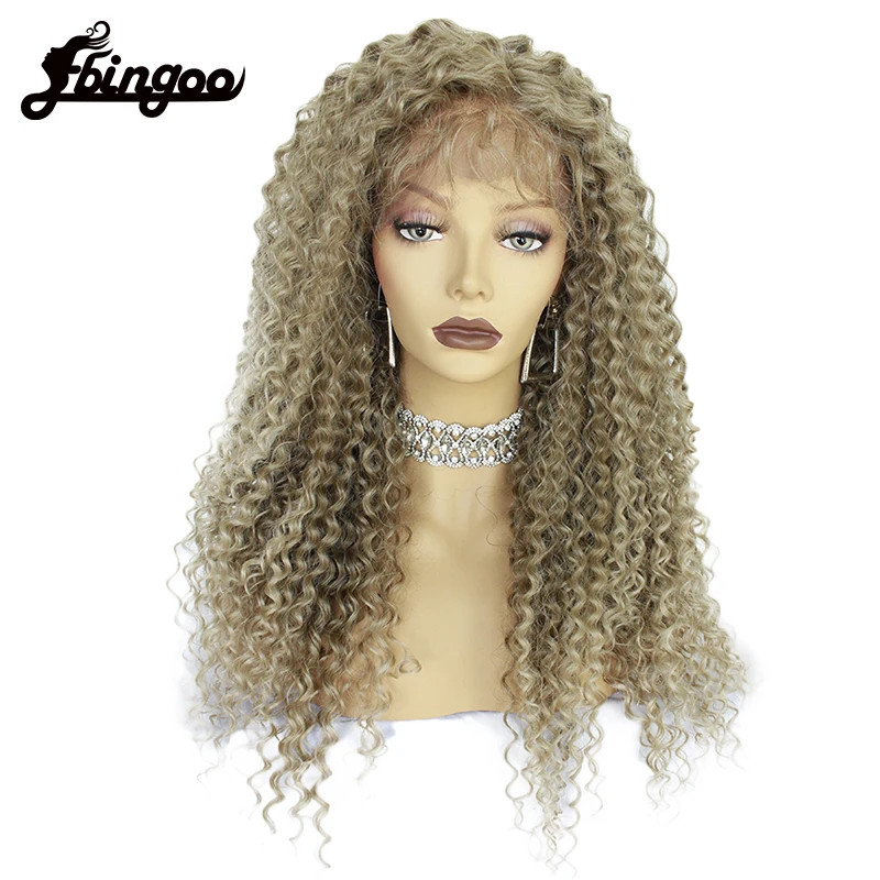 Фото Ebingoo High Temperature Fiber Long Kinky Curly Blond Black Platinum Blonde Synthetic Lace Front Wigs with Baby Hair for Women | Шиньоны и
