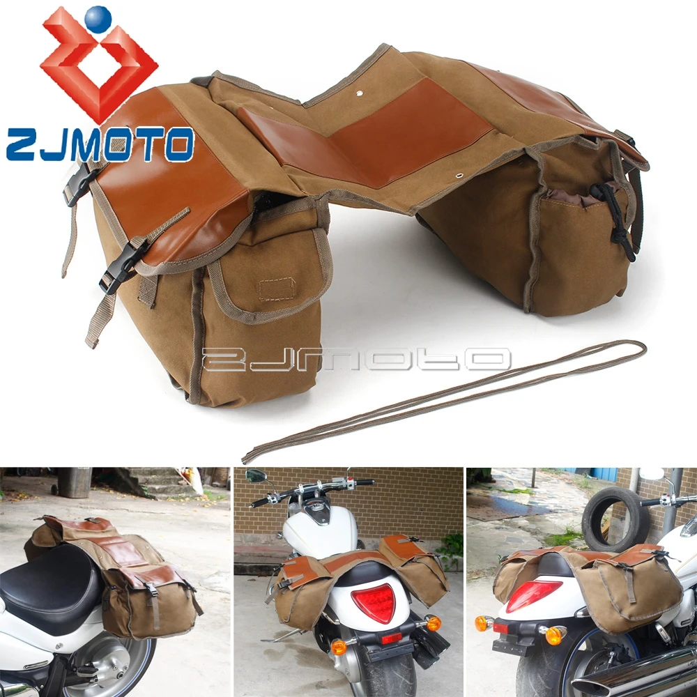 

Motorcycle Dirt Bike Rear Seat Bag Retro Left Right Universal Canvas Leather Saddlebag Side Tool Luggage Package Saddle Panniers