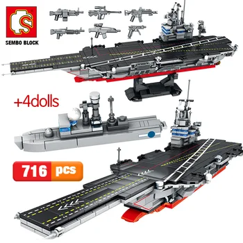 

SEMBO 716pcs City Police WW2 Aircraft Carrier Building Blocks for Military Navy Submarine Technic Boat Bricks Toys For Boys