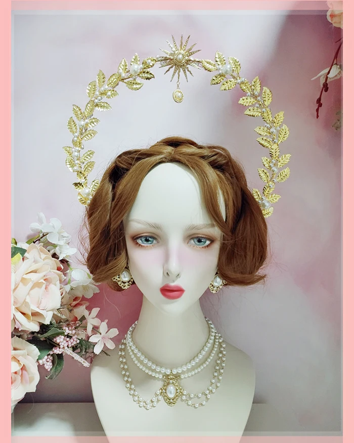 

Lolita Virgin Goddess Halo Gold Leaf Pearl Handmade Headwear Hair Crown Angel Hanfu Versatile Hair Accessories Headband Cosplay