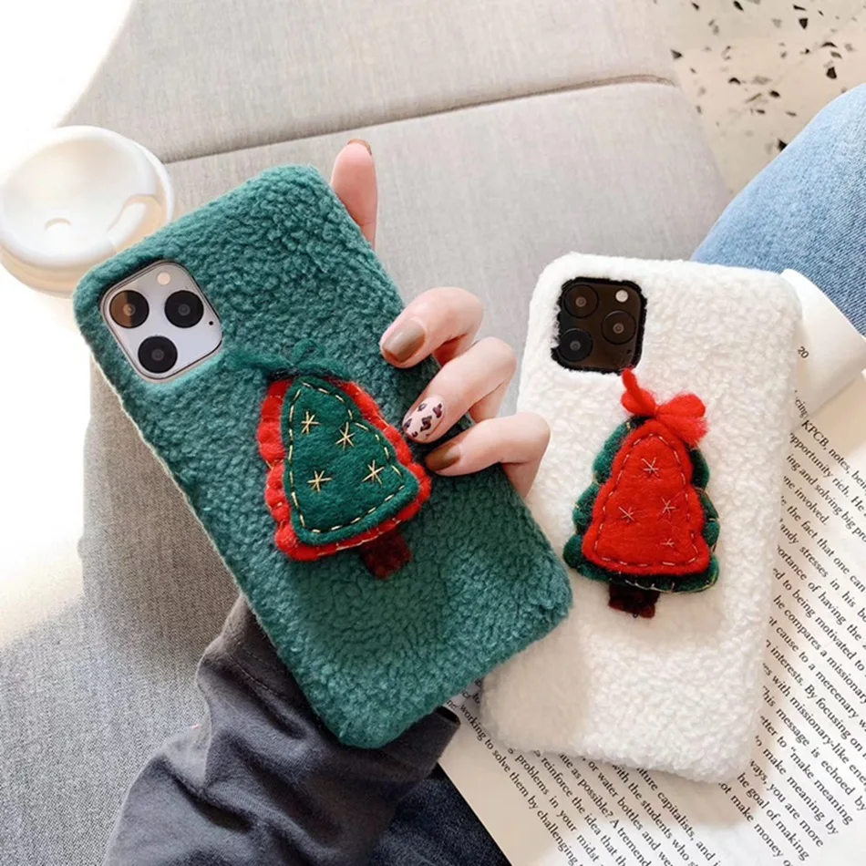 Cute Case for IPhone 11 Pro Max Merry Christmas Tree Cover XR X XS 6S 7 8 Plus Plush Fuzzy Warm |
