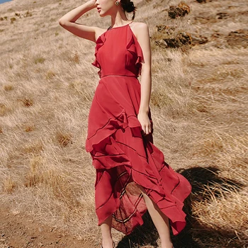 New French knee length designer dresses all small irregular light ripe red with shoulder straps dress
New French knee length designer dresses all small irregular light ripe red with shoulder straps dress