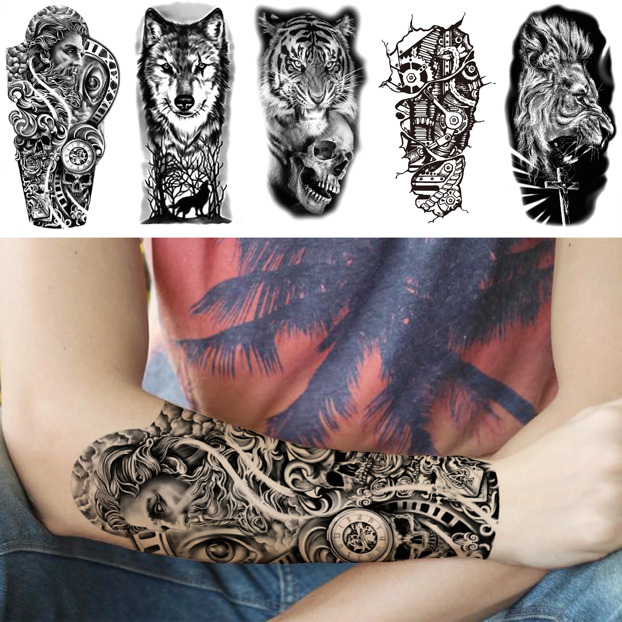 

Gear God Temporary Tattoo For Men Women Adult Black Tiger Skull Lion Tattoos Sticker Realistic Fake Wolf Forest Tatoo Arm Leg