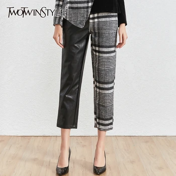 TWOTWINSTYLE Patchwork PU Trousers For Women High Waist Hit Colors Asymmetrical Ankle Length Wool Pants Female 2020 Clothing New
TWOTWINSTYLE Patchwork PU Trousers For Women High Waist Hit Colors Asymmetrical Ankle Length Wool Pants Female 2020 Clothing New