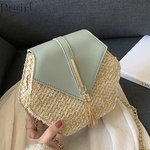 Hexágono estilo Mulit paja + bolso de cuero mujeres Rattan bolso Ptgirl tejido hecho a mano playa círculo Bohemia bolso de hombro nueva moda(China)