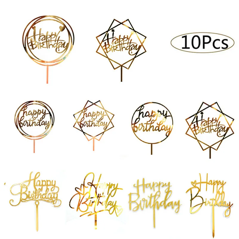 10pcs Happy Birthday Cake Topper Acrylic Gold Toppers Party Supplies Decorations Promotional Items | Дом и сад