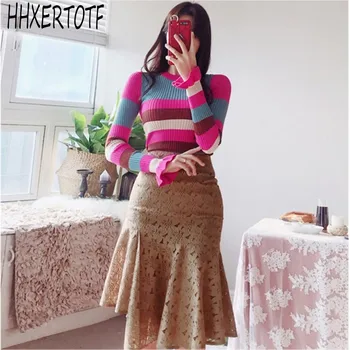 2020 Spring Two Piece Set Women Elegant striped long sleeve Knitted Sweater+High Waist Lace Mermaid Skirt Ladies Outfits 
2020 Spring Two Piece Set Women Elegant striped long sleeve Knitted Sweater+High Waist Lace Mermaid Skirt Ladies Outfits