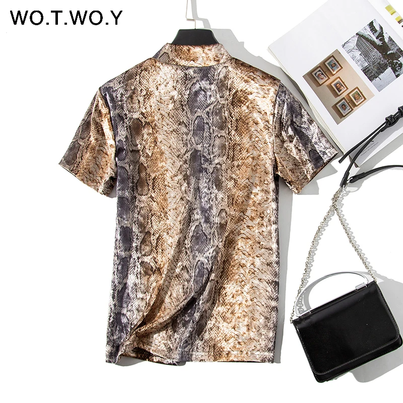 O-Neck Snake Print T-shirts Women 2019 Summer Casual Slim Short Sleeve Tee Shirt Woman Leopard Tops Yellow Harajuku