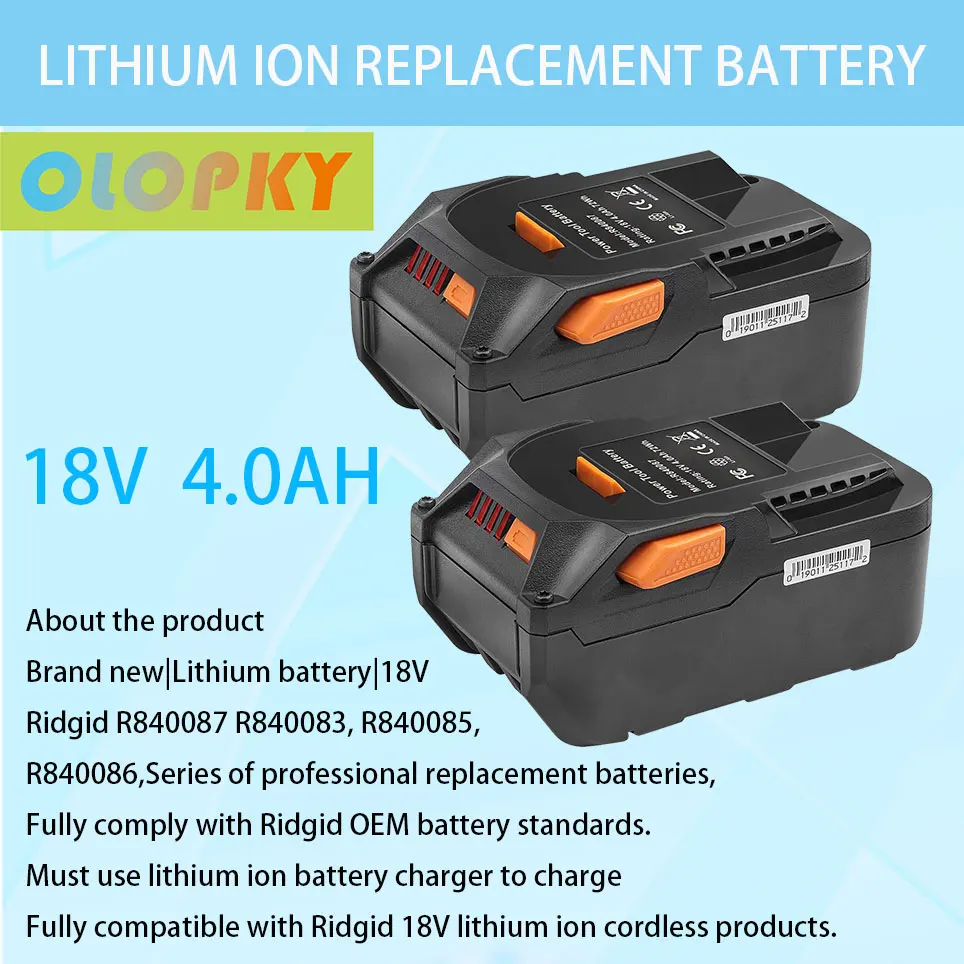 2 packs of 18V 4.0Ah lithium ion replacement battery compatible with RIDGID R840087 R840083 R840086 AC840085 drill | Электроника