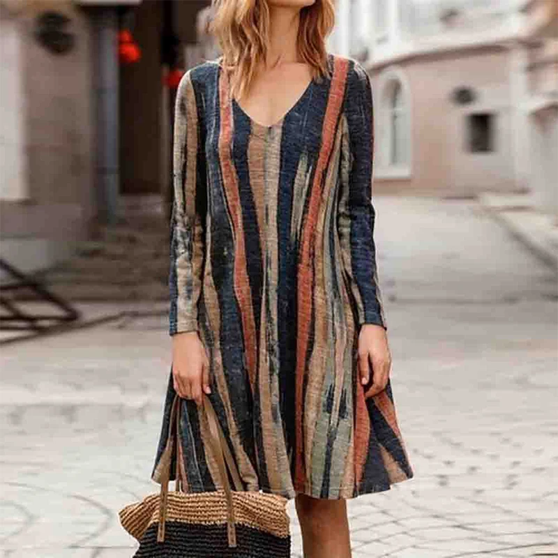 Autumn Women's Retro Crew Neck Long Sleeve Casual Swing Dresses Loose Striped Mini Dresses Autumn Women's Retro Crew Neck Long Sleeve Casual Swing Dresses Loose Striped Mini Dresses