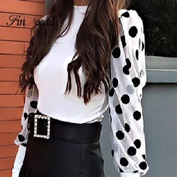 

Spring Autumn Long Sleeve Patchwork Top Puff Sleeve Mesh Insert Blouse O Neck Office Ladies OL Polka Dot Blouse Vintage Mesh Top