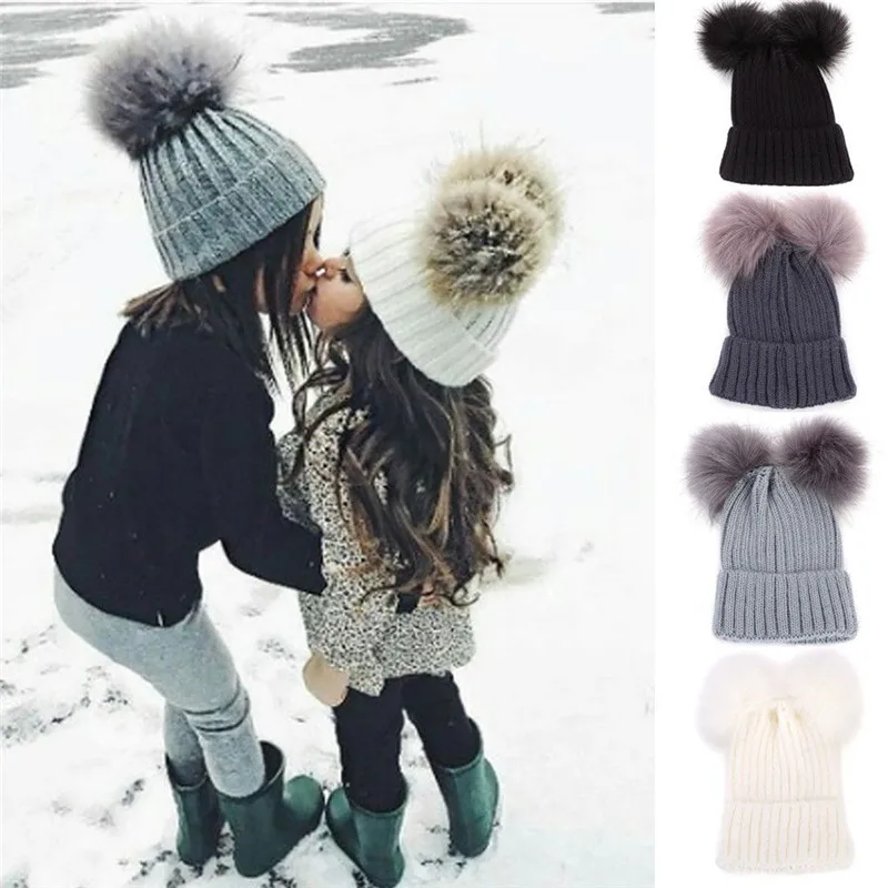 

Hot Autumn Winter Baby Boys Girls Faux Fur Pompom Hat Female Warm Cap Knitted Beanie Girl Double Ball Pom Hats Kids Bonnet