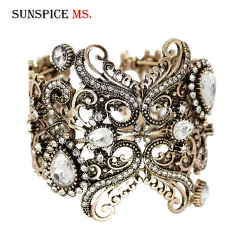 SUNSPICE-MS Turkish Vintage Bangle Women Crystal Flower Cuff Bracelet White Gray Stone Antique Gold Color Retor Wedding Jewelry
SUNSPICE-MS Turkish Vintage Bangle Women Crystal Flower Cuff Bracelet White Gray Stone Antique Gold Color Retor Wedding Jewelry
