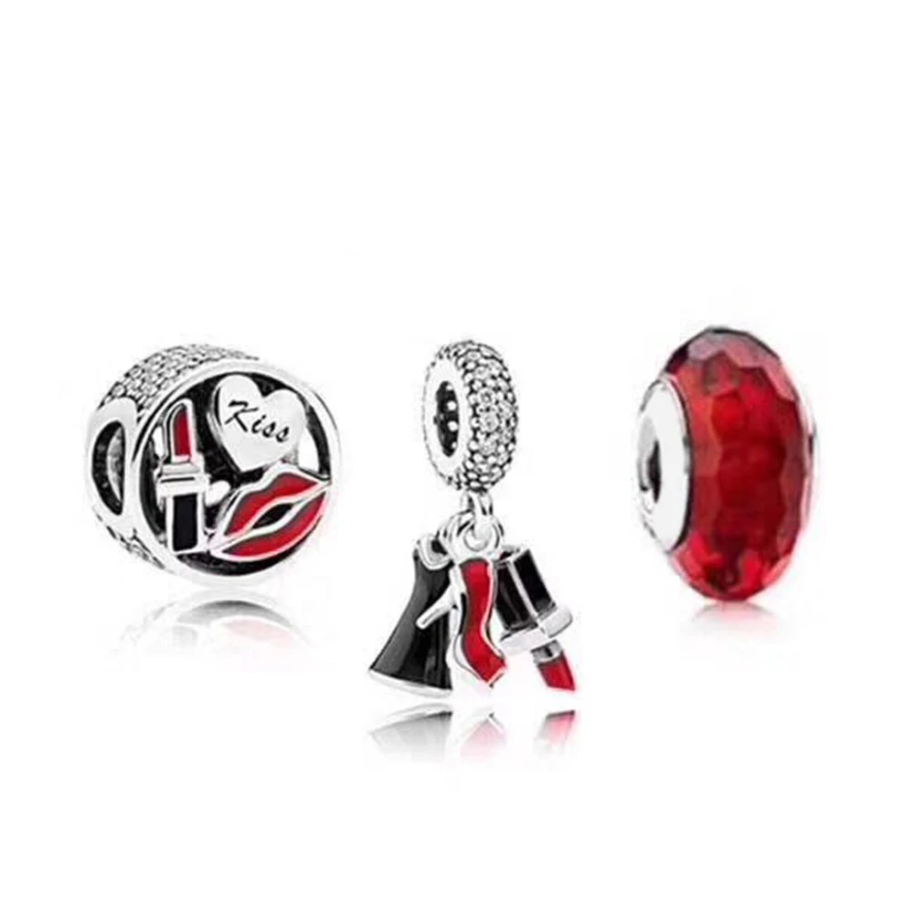 

NEW 100% 925 Sterling Silver 1:1 Original Valentine's Day High Heel Charm Cut Face Glass Beads Flame Red Lips Bead Set Gift