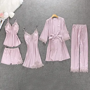 Women Pajamas 5 Pieces Satin Sleepwear Pijama Silk Home Wear Home Clothing Embroidery Sleep Lounge Pyjama with Chest Pads
Women Pajamas 5 Pieces Satin Sleepwear Pijama Silk Home Wear Home Clothing Embroidery Sleep Lounge Pyjama with Chest Pads