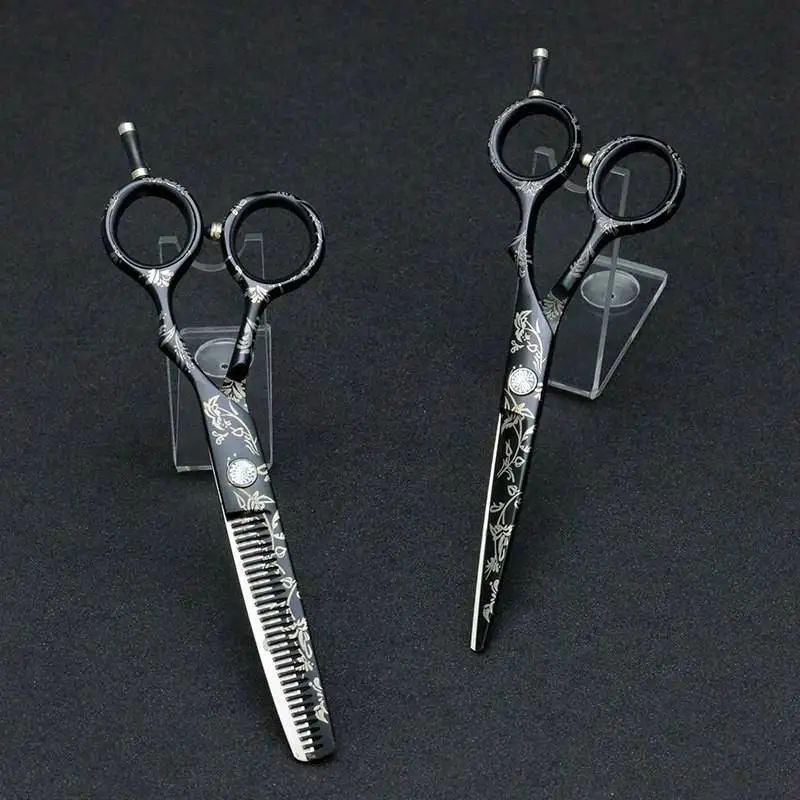 Floral Design Hairdressing Scissors With Printed Cape ;