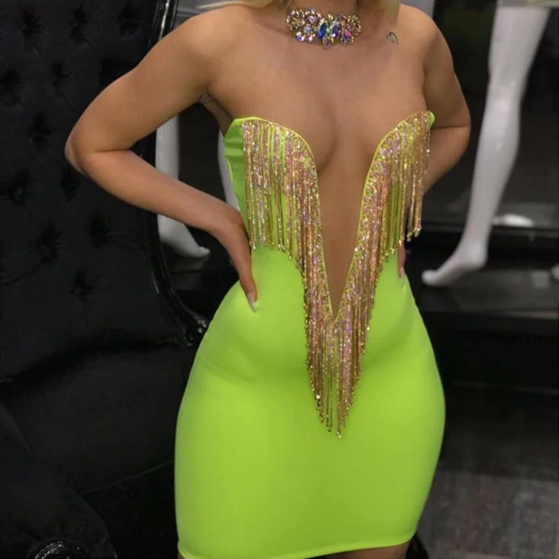 Bandage dress V-Neck women Mini sexy Nightclub Tassel star costumes 2019 Spaghetti Strap Fruit green Catwalk shows DJ wholesale 
Bandage dress V-Neck women Mini sexy Nightclub Tassel star costumes 2019 Spaghetti Strap Fruit green Catwalk shows DJ wholesale