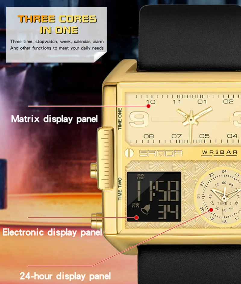Sanda Мужские квадратные часы 2020 Топ бренд Роскошные креативные 3 времени дисплей