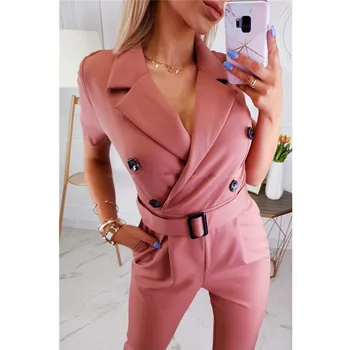 Short Sleeve V Neck Turn Down Collar Long Pants Summer Street OL Jumpsuits Women Slim Solid Jumpsuits Rompers 
Short Sleeve V Neck Turn Down Collar Long Pants Summer Street OL Jumpsuits Women Slim Solid Jumpsuits Rompers