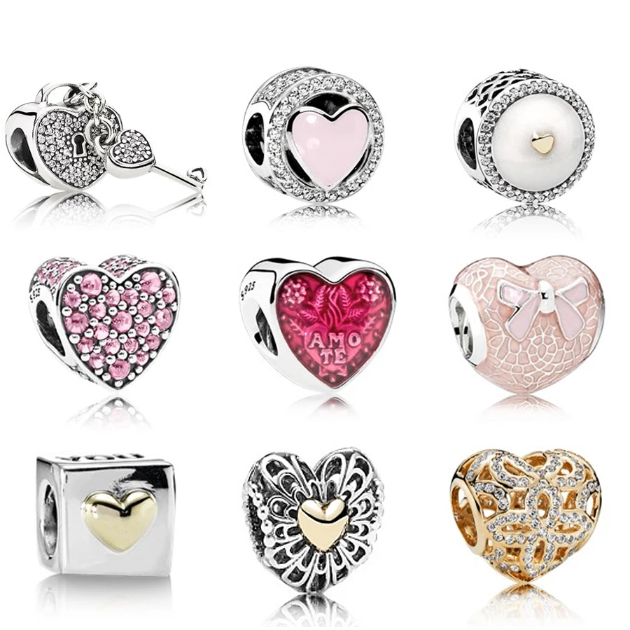 Фото NEW 100% Genuine 925 Sterling Silver Heart lock beads Clear CZ Charm bead Fit Bracelet DIY bracelet The factory wholesale | Украшения и