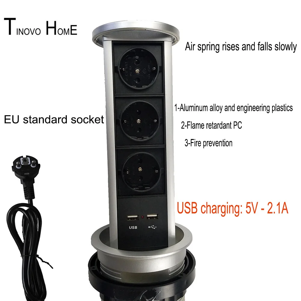 Pneumatic pop-up desktop socket / 3-position EU plug standard socket / USB charging / Aluminum alloy material / Kitchen socket
Pneumatic pop-up desktop socket / 3-position EU plug standard socket / USB charging / Aluminum alloy material / Kitchen socket