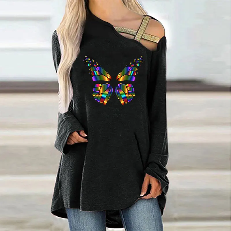 

Multicolor Butterfly Love Transforms Classic T-Shirt Black Long Sleeve Cotton Blend Off Shoulder Women T-shirts Loose