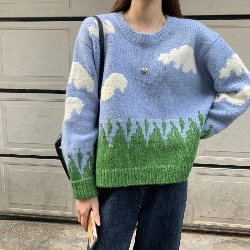 Женские свободные свитера с круглым вырезом Повседневные вязаные пуловеры