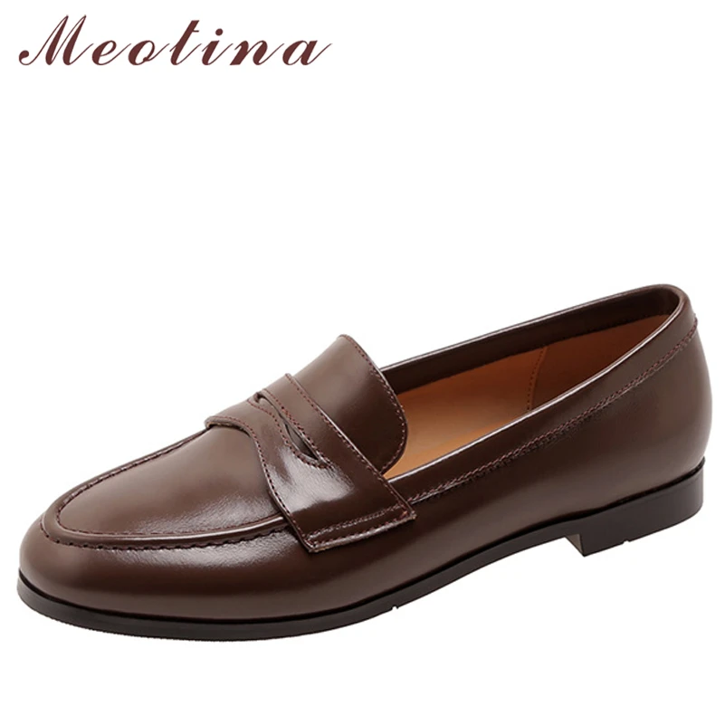 

Meotina Women Loafers Shoes Natural Genuine Leather Flat Shoes Round Toe Fashion Causal Ladies Footwear Spring Autumn Brown 39