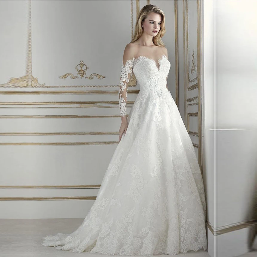 Sexy A Line Long Sleeve Wedding Dress Lace Appliques Bridal Gowns Backless Tulle Vestido De Noiva with Button Custom Made
Sexy A Line Long Sleeve Wedding Dress Lace Appliques Bridal Gowns Backless Tulle Vestido De Noiva with Button Custom Made