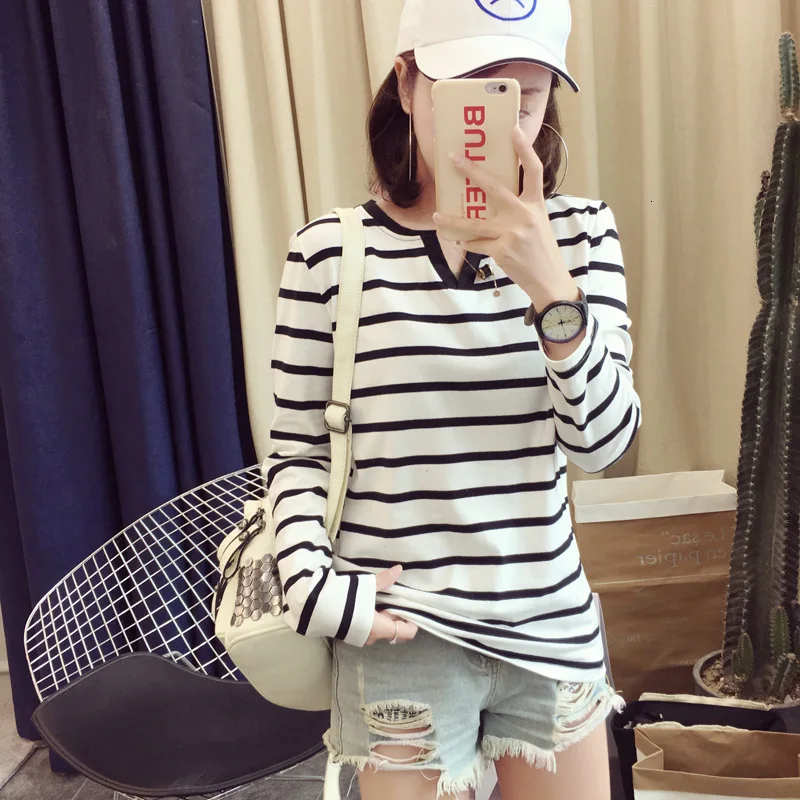 Casual V Neck Striped Tee Shirt Autumn Clothes Round Neck Long Sleeve Basic Korea Style Tops Camiseta Feminina Rz*
Casual V Neck Striped Tee Shirt Autumn Clothes Round Neck Long Sleeve Basic Korea Style Tops Camiseta Feminina Rz*