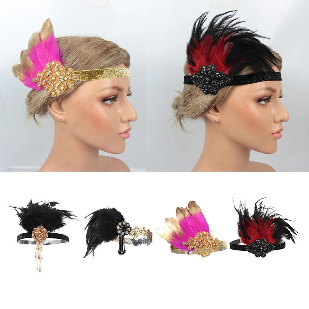 Women's Vintage Feather Headband, 20s Flapper Headband - Roaring 1920s Headpiece, Black/Red Women's Vintage Feather Headband, 20s Flapper Headband - Roaring 1920s Headpiece, Black/Red