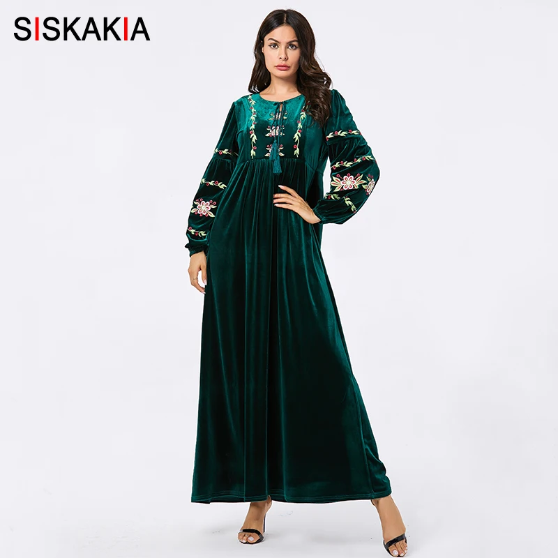 

Siskakia Muslim Long Dress Velvet Elegant Empire Swing Solid Floral Embroidery Maxi Dresses Full Sleeve Arabian Clothes Autumn