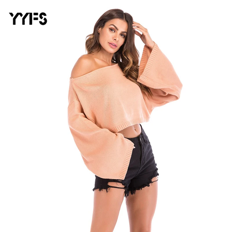 Womens Autumn Sexy Sweater Pullover Short Crop Top Pullovers Classic Loose Knitting Slash Neck Short Flare Sleeve Sweater Tops 
Womens Autumn Sexy Sweater Pullover Short Crop Top Pullovers Classic Loose Knitting Slash Neck Short Flare Sleeve Sweater Tops