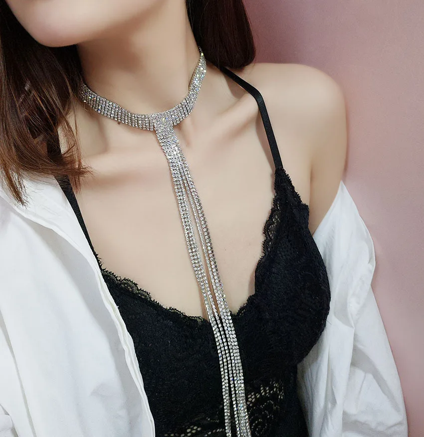 

Luxurious Full Rhinestone Woman Tassels Chokers Necklaces Long Micro Mosaic Geometry Trendy Neck Chain Torques Clavicle Shining