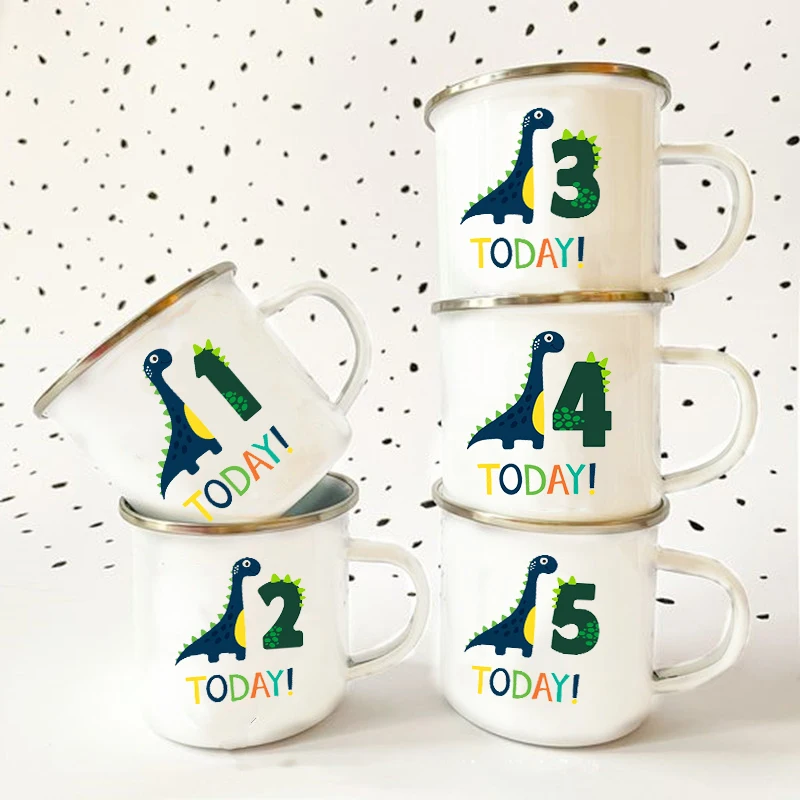 

Dinosaur Birthday Number Print Mugs Creative Water Juice Cup Drink Dessert Milk Enamel Mugs Handle Drinkware Kids Birthday Gifts