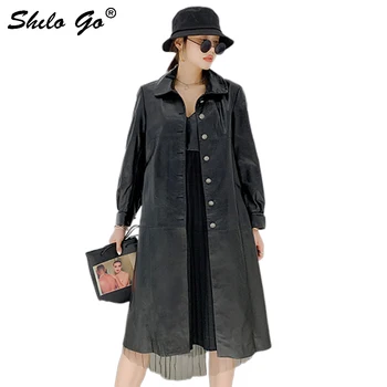 Genuine Leather Trench Elegant Peter Pan Collar Button Front Long Coat Women Autumn Bishop Sleeve Mid-Calf Length A Line Outwear 
Genuine Leather Trench Elegant Peter Pan Collar Button Front Long Coat Women Autumn Bishop Sleeve Mid-Calf Length A Line Outwear