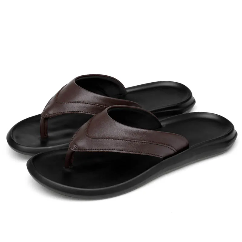 New Cowhide Slippers Men Flip Flips Genuine Leather Beach Summer Shoes High Quality Men's Male Black Brown ZHK216 | Обувь