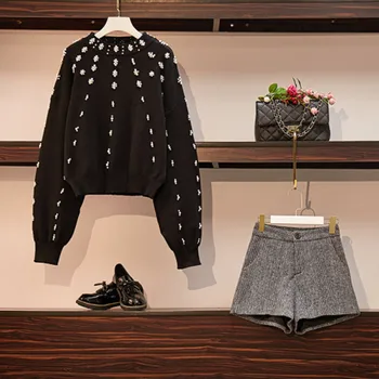 Women's Knitting 2 Piece Set New Pattern Korean Edition Black Nail Bead Long Sleeves Knitting Pullover+Fashion Stripe Shorts Set
Women's Knitting 2 Piece Set New Pattern Korean Edition Black Nail Bead Long Sleeves Knitting Pullover+Fashion Stripe Shorts Set