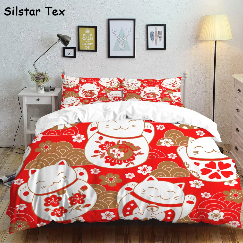 

Silstar Tex Red Cats Duvet Cover Sets Carton Japanese-style Bedding bed linen 3pcs Quilt King Size Pillow Cover Livingroom