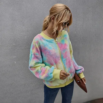 Winter 2020 women's contrast color tie-dye explosion long-sleeved plush jacket 
Winter 2020 women's contrast color tie-dye explosion long-sleeved plush jacket