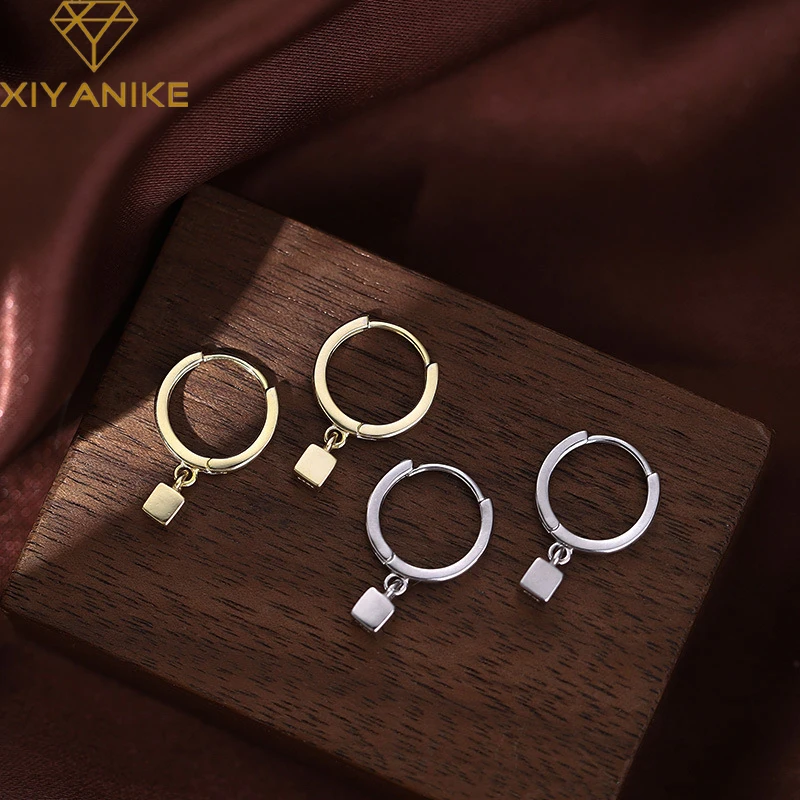 Серьги-кольца XIYANIKE в виде кубика серебряного цвета женские универсальные модные