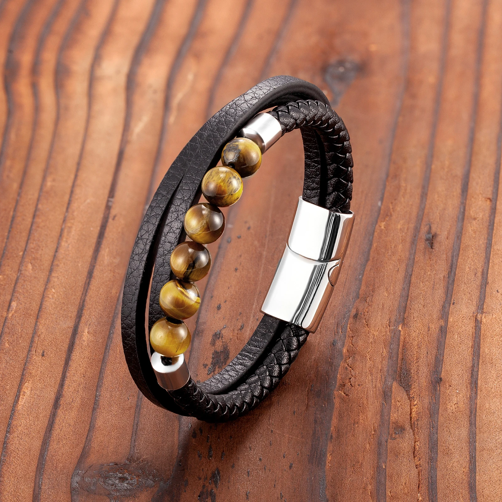 2021 New 8mm Natural Tiger Eye Stone Energy Bracelet 3 Layers OL Style Leather Cord Stainless Steel Bracelet
2021 New 8mm Natural Tiger Eye Stone Energy Bracelet 3 Layers OL Style Leather Cord Stainless Steel Bracelet