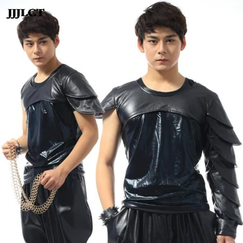 Skewed shoulders shirt trend personality DJ rock clothes nightclub stage star models male singer leather DS costumes 
Skewed shoulders shirt trend personality DJ rock clothes nightclub stage star models male singer leather DS costumes