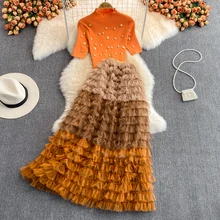 Autumn Winter Christmas Two Piece Knitted Sets Beading Stand Collar Short Sleeve Top + Ball Gown Skirt Woman Sets Suits M69521 
Autumn Winter Christmas Two Piece Knitted Sets Beading Stand Collar Short Sleeve Top + Ball Gown Skirt Woman Sets Suits M69521