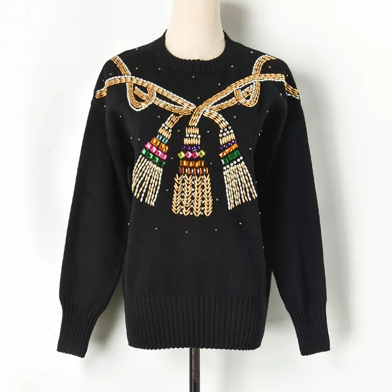 Высококачественные женские роскошные свитера с бисером однотонные черно-белые