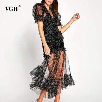 VGH Elegant Dot Summer Dress Women V Neck Puff Short Sleeve High Waist Patchwork Ruffles Mesh Dresses For Female Fashion Clothes
VGH Elegant Dot Summer Dress Women V Neck Puff Short Sleeve High Waist Patchwork Ruffles Mesh Dresses For Female Fashion Clothes